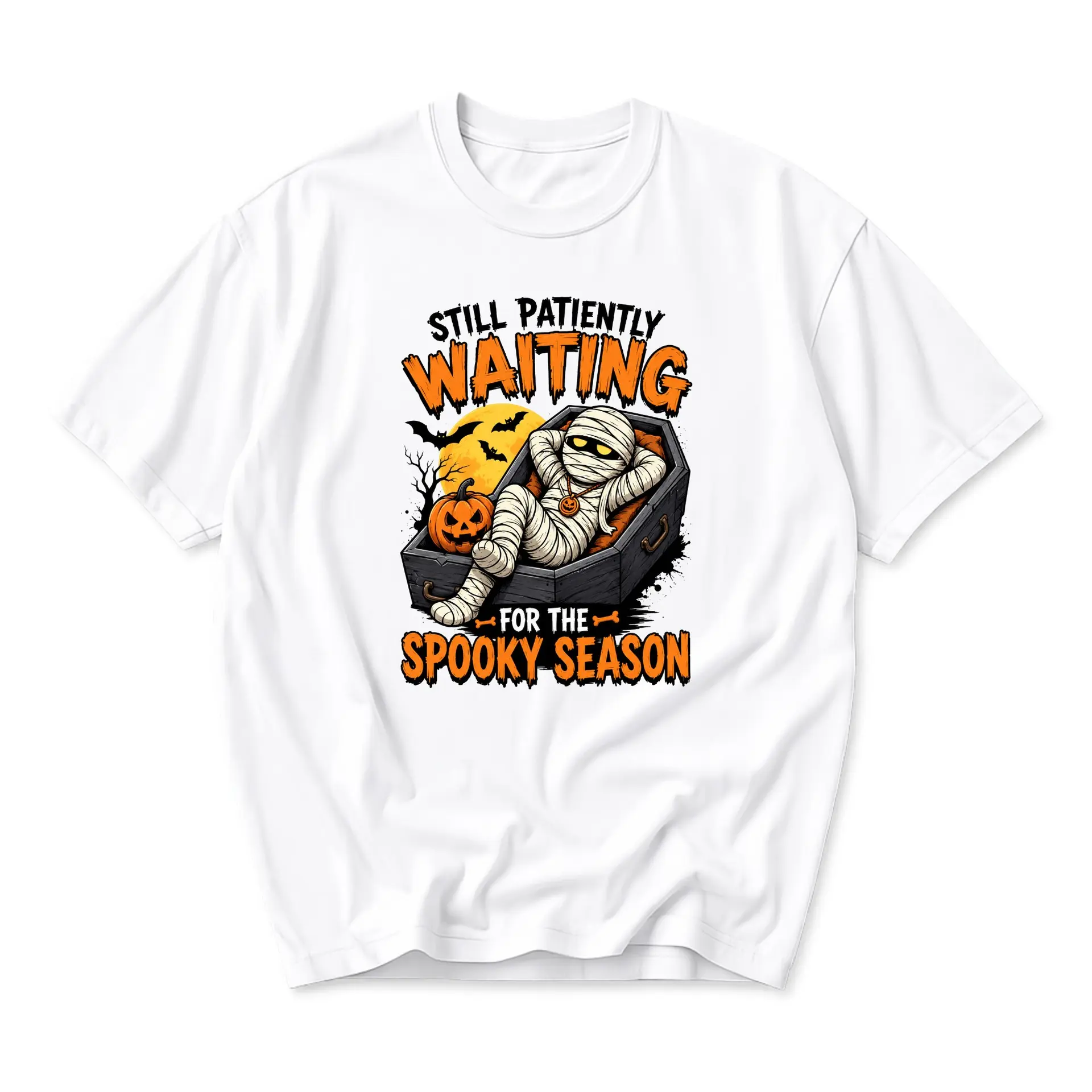 Funny Shirt Still Patiently Waiting for the Spooky Season Graphic Tee Unisex Crew Neck Halloween Themed Apparel