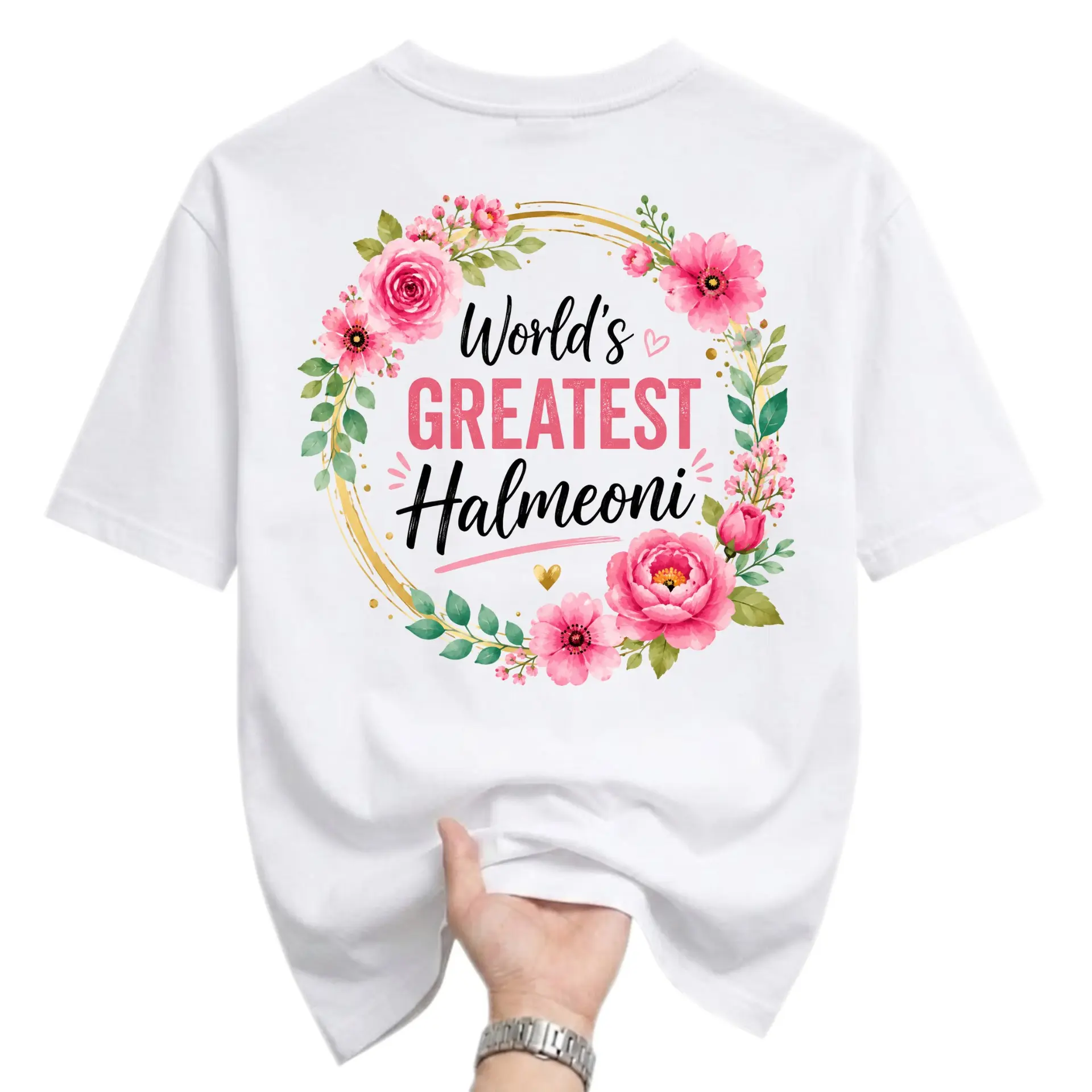 T-shirt World's Greatest Halmeoni Graphic Tee Floral Wreath Design Casual Unisex Crew Neck Top Gift for Grandmother