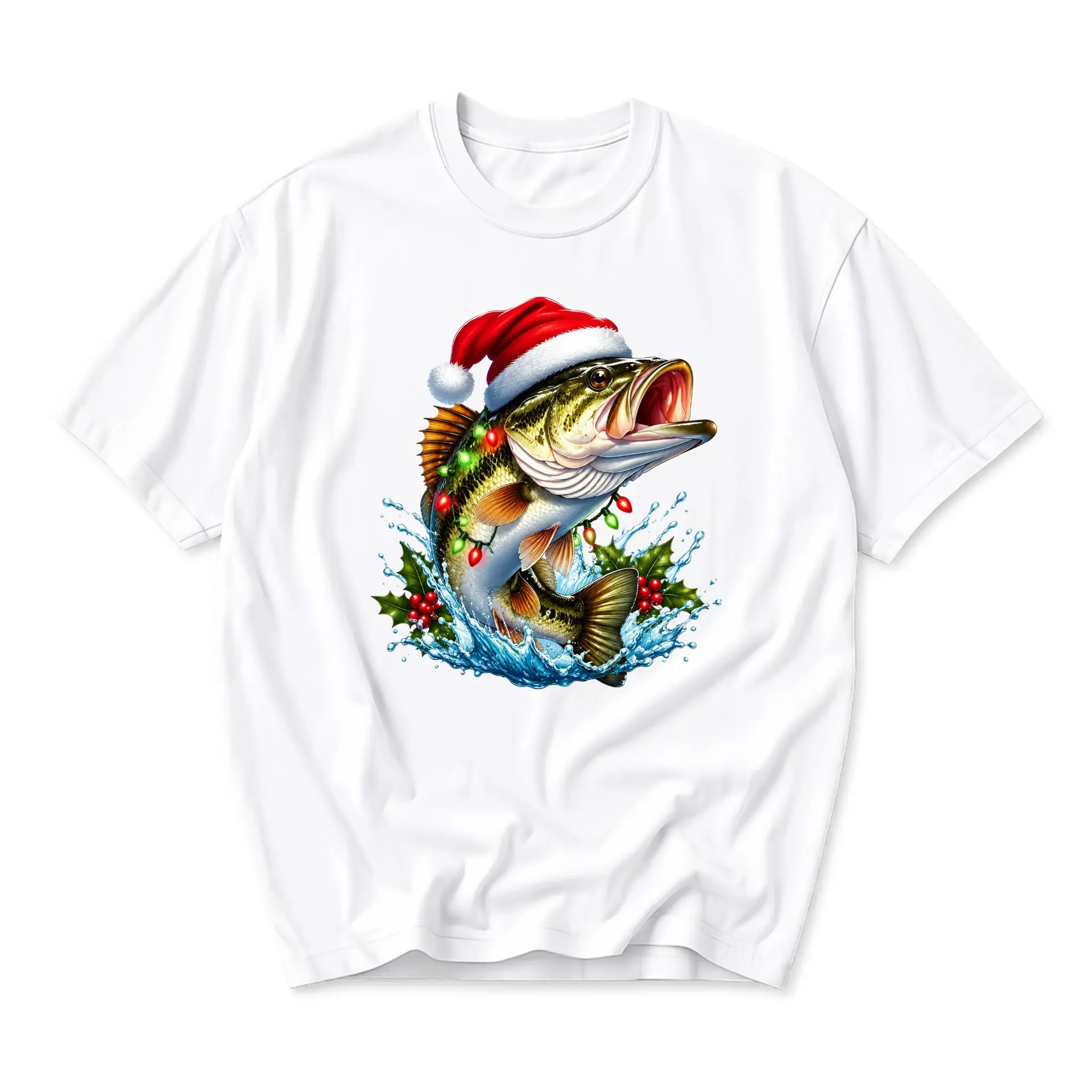 Graphic Tee Christmas Fishing Shirt Unisex Casual Holiday Apparel Featuring