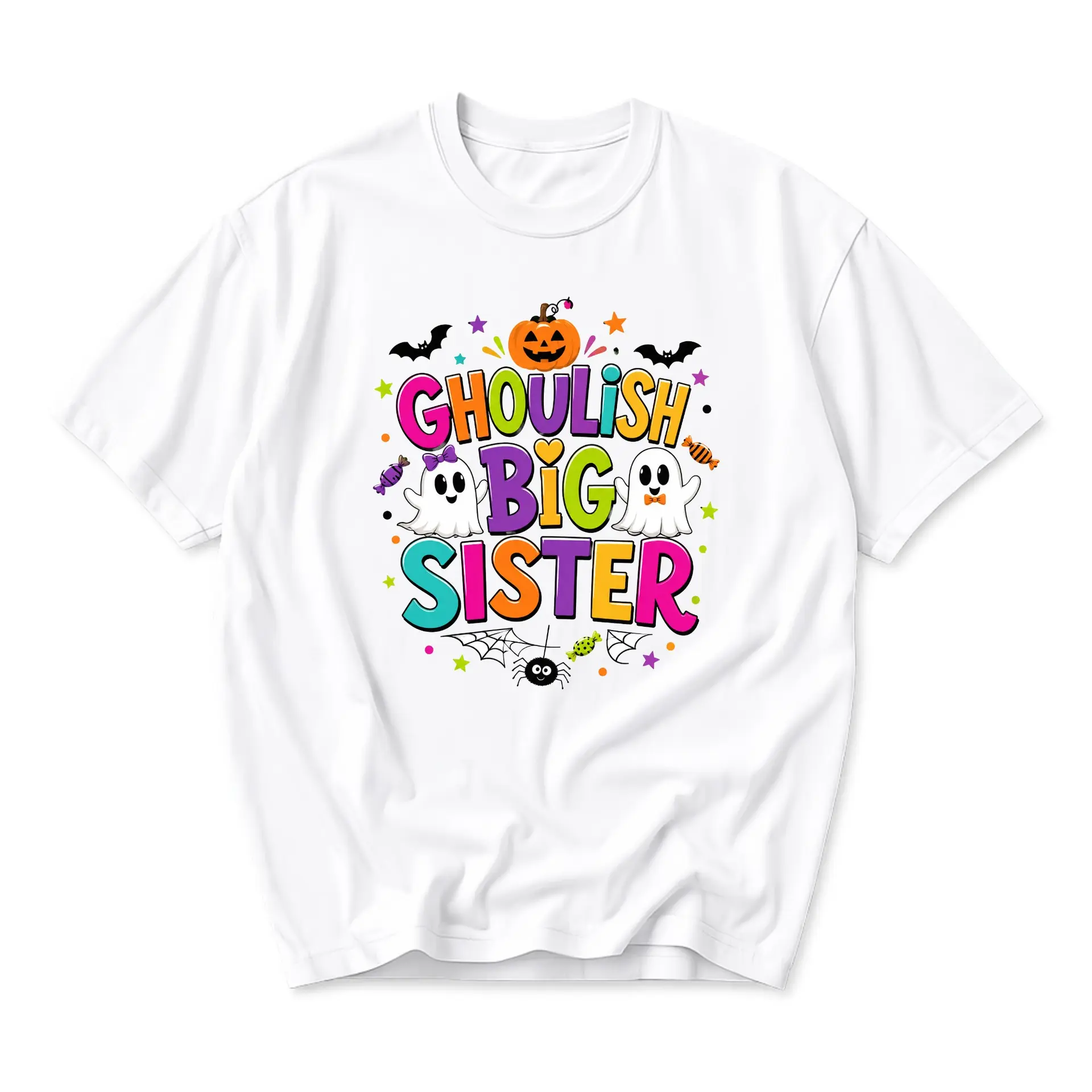 Funny Shirt Ghoulish Big Sister Halloween Graphic Tee Casual Unisex Crew Neck Top for Fall Season Holiday Wear