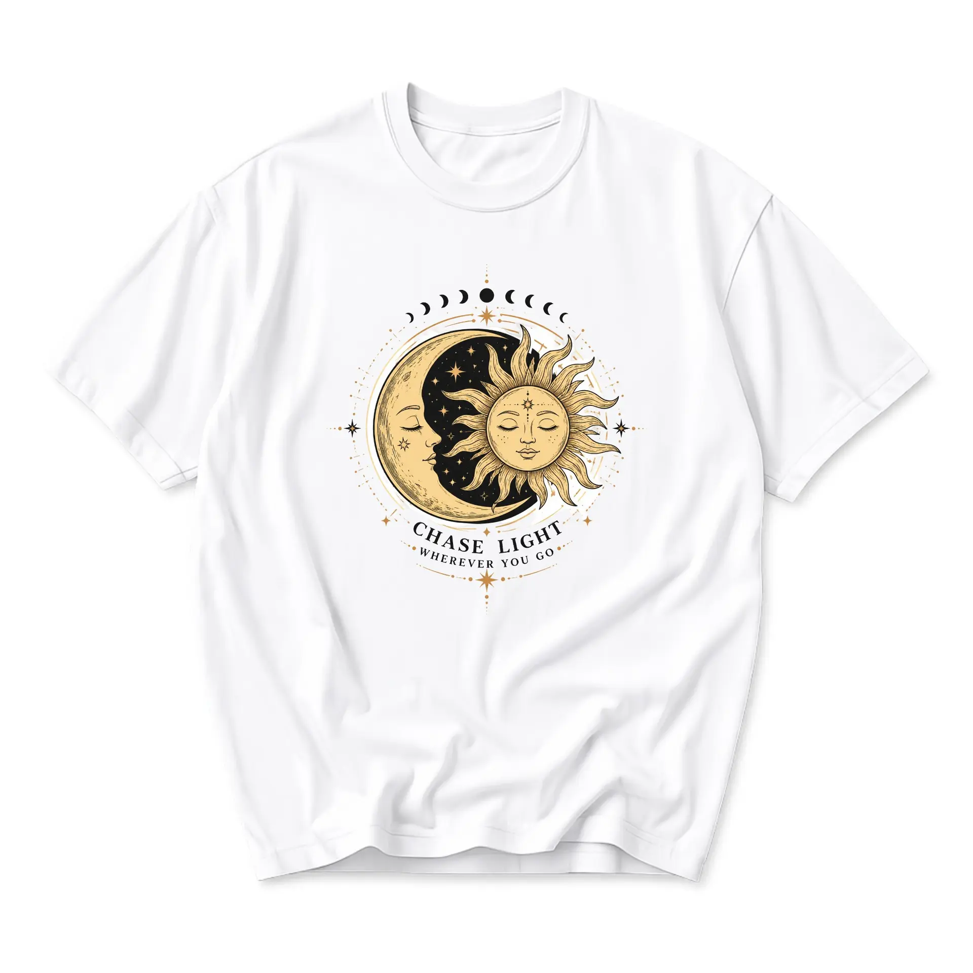 Graphic Tee Celestial Sun and Moon Print Unisex Casual Crew Neck T-Shirt Featuring Mystical Illustration