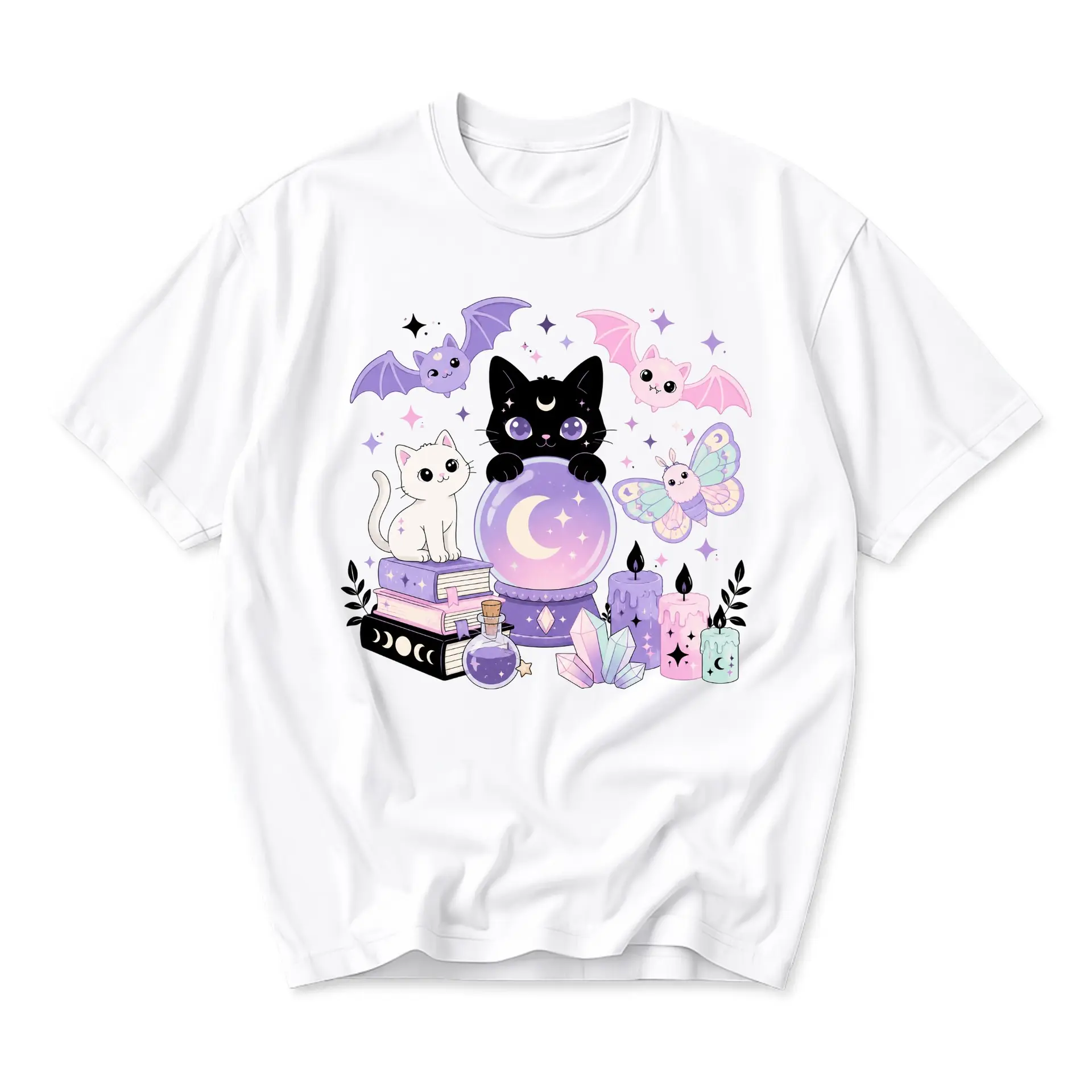 Graphic Tee Celestial Cat Crystal Ball Shirt Mystical Aesthetic Printed Top for Casual Everyday Comfort and Style