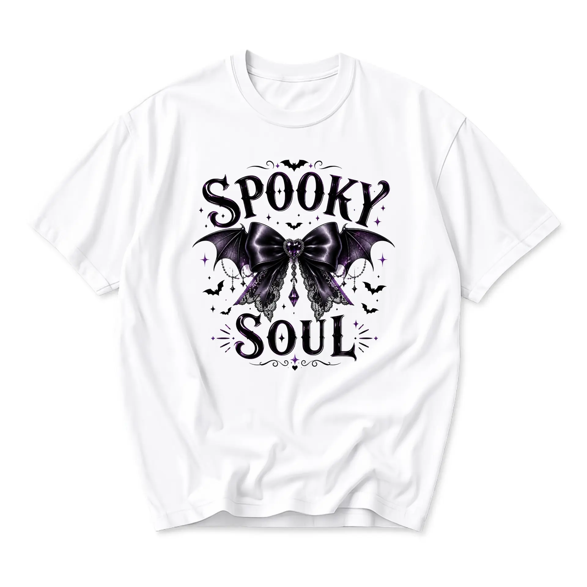Graphic Tee Spooky Soul Aesthetic Shirt Bat Wing Bow Illustration Gothic Style Unisex Casual Short Sleeve Cotton Top