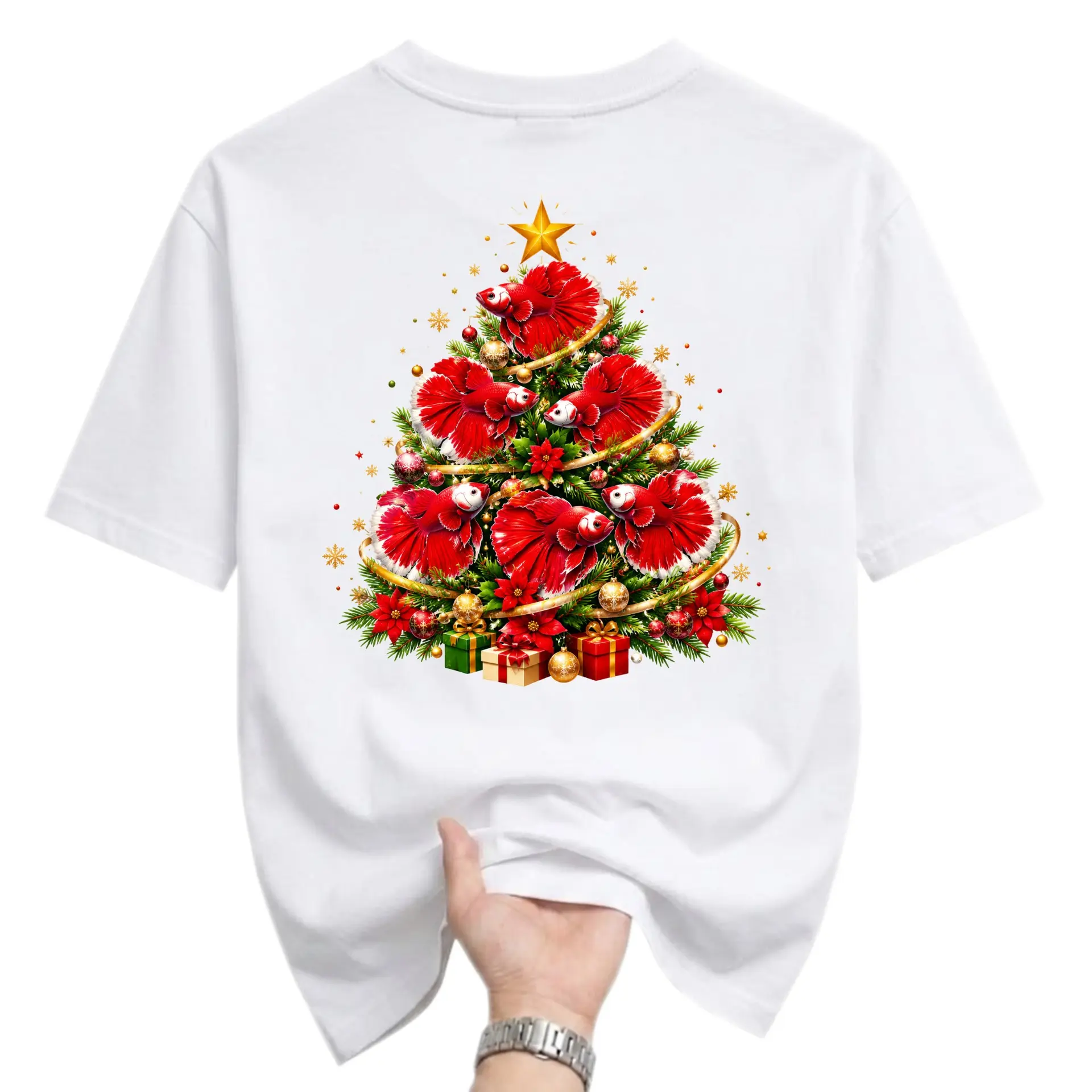 Graphic Tee Christmas Fish Tree Shirt Festive Holiday Unisex Crew Neck Casual Cotton Blend Short Sleeve Top
