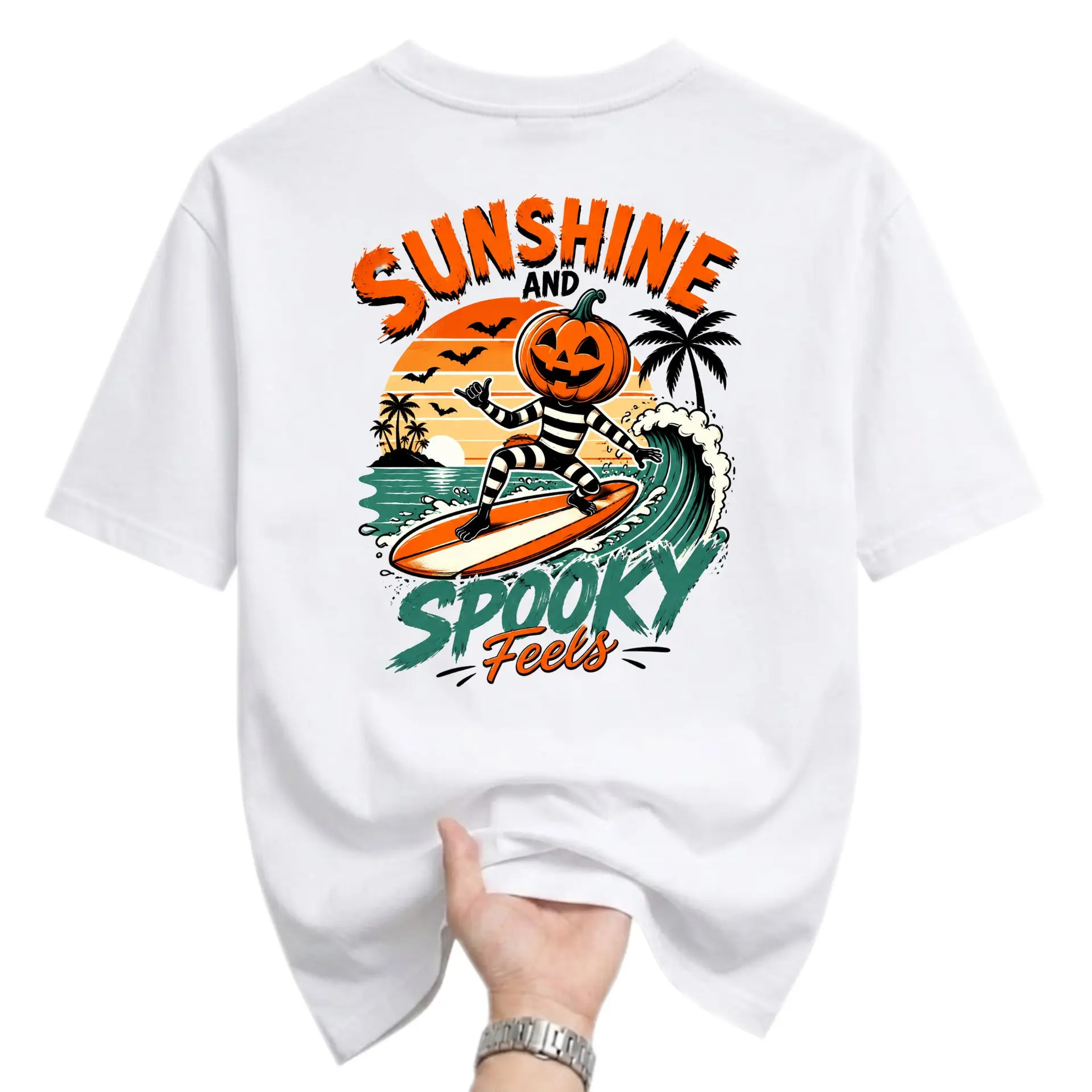 Graphic Tee Sunshine and Spooky Feels Pumpkin Surfer Print Unisex Crew Neck Casual Cotton Blend Summer Fall T-Shirt