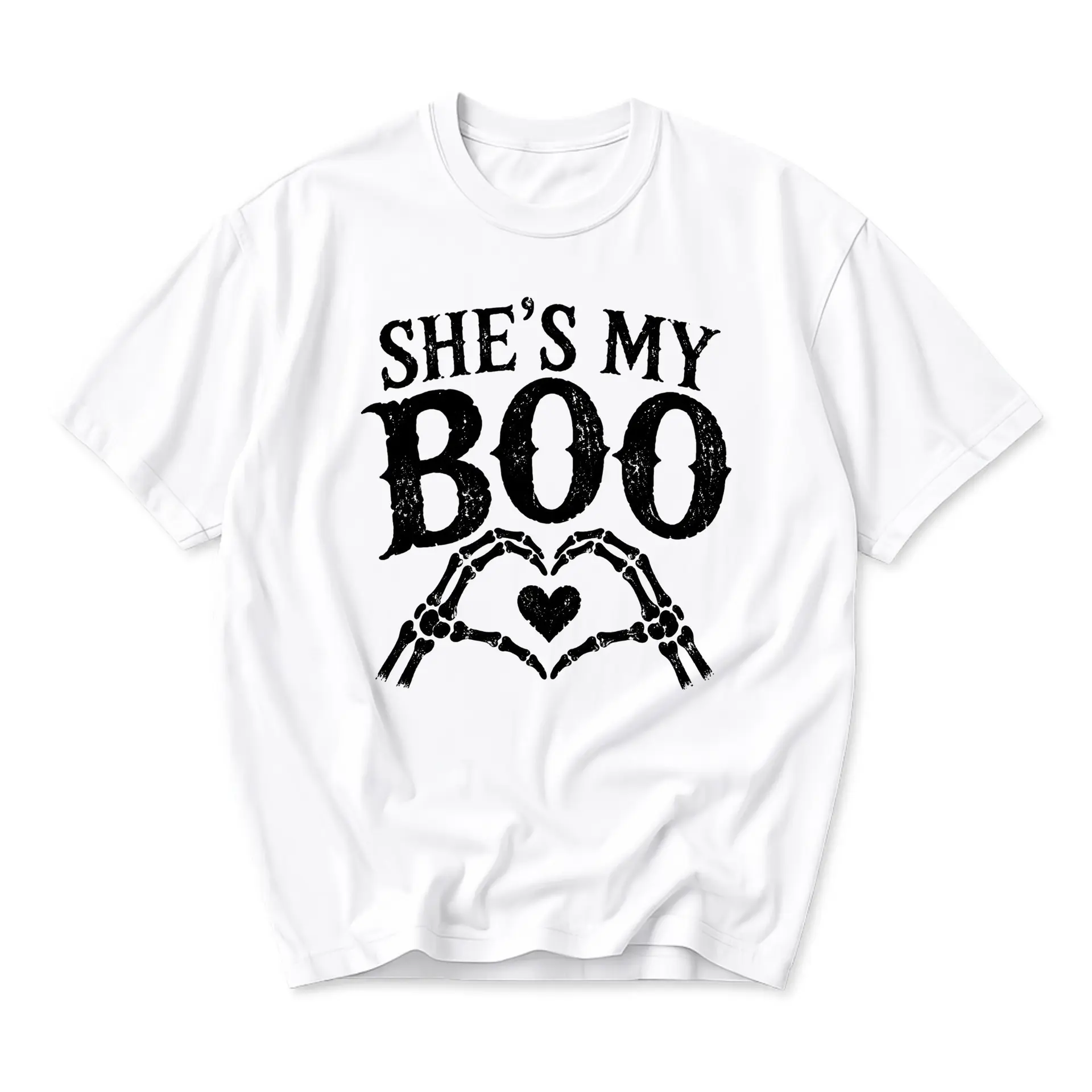 Graphic Tee Unisex Crew Neck T-Shirt She Is My Boo Skeleton Heart Design Comfortable Cotton Blend Casual Apparel