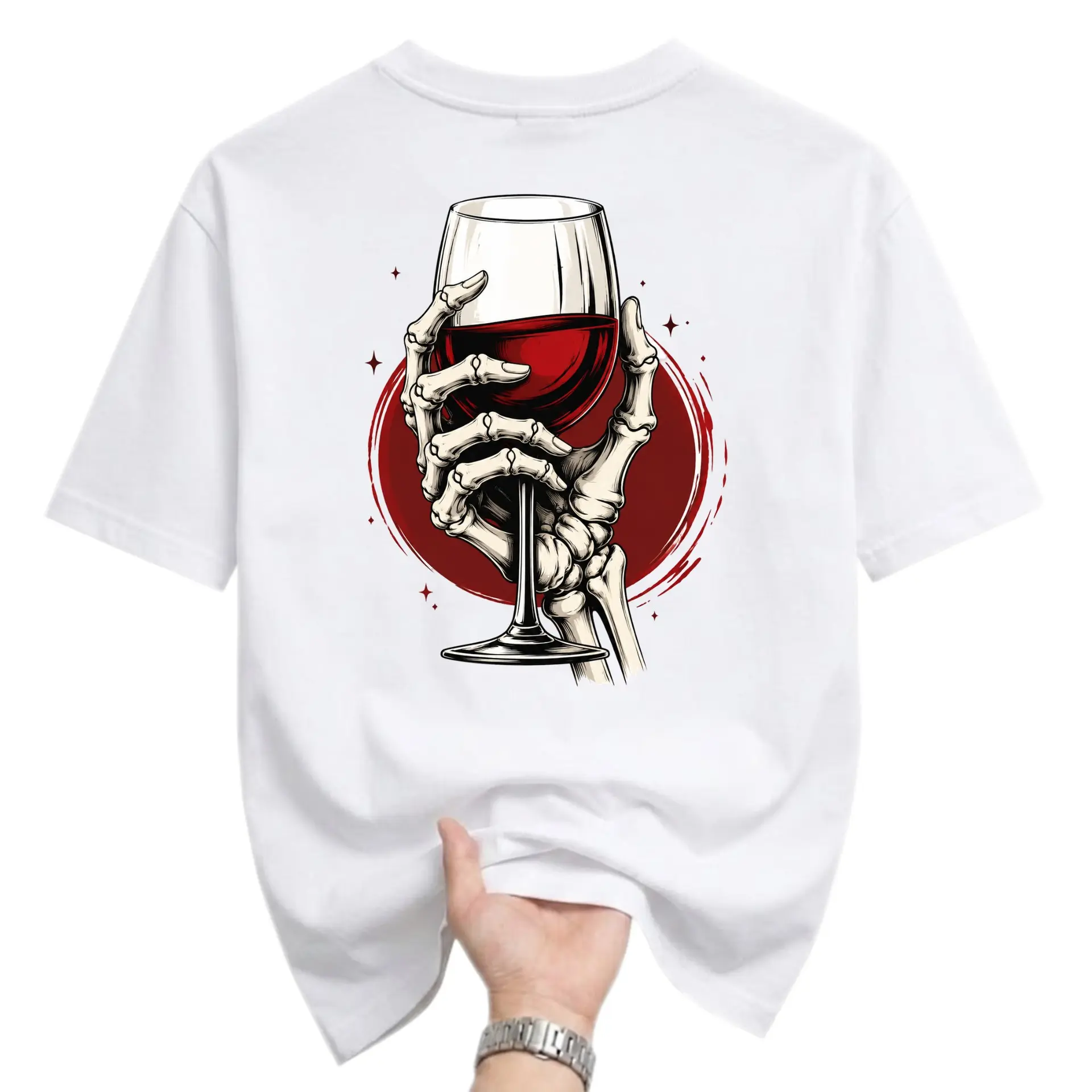 Graphic Tee Skeleton Hand Holding Wine Glass Unisex Crew Neck Casual Everyday Shirt for Men and Women White