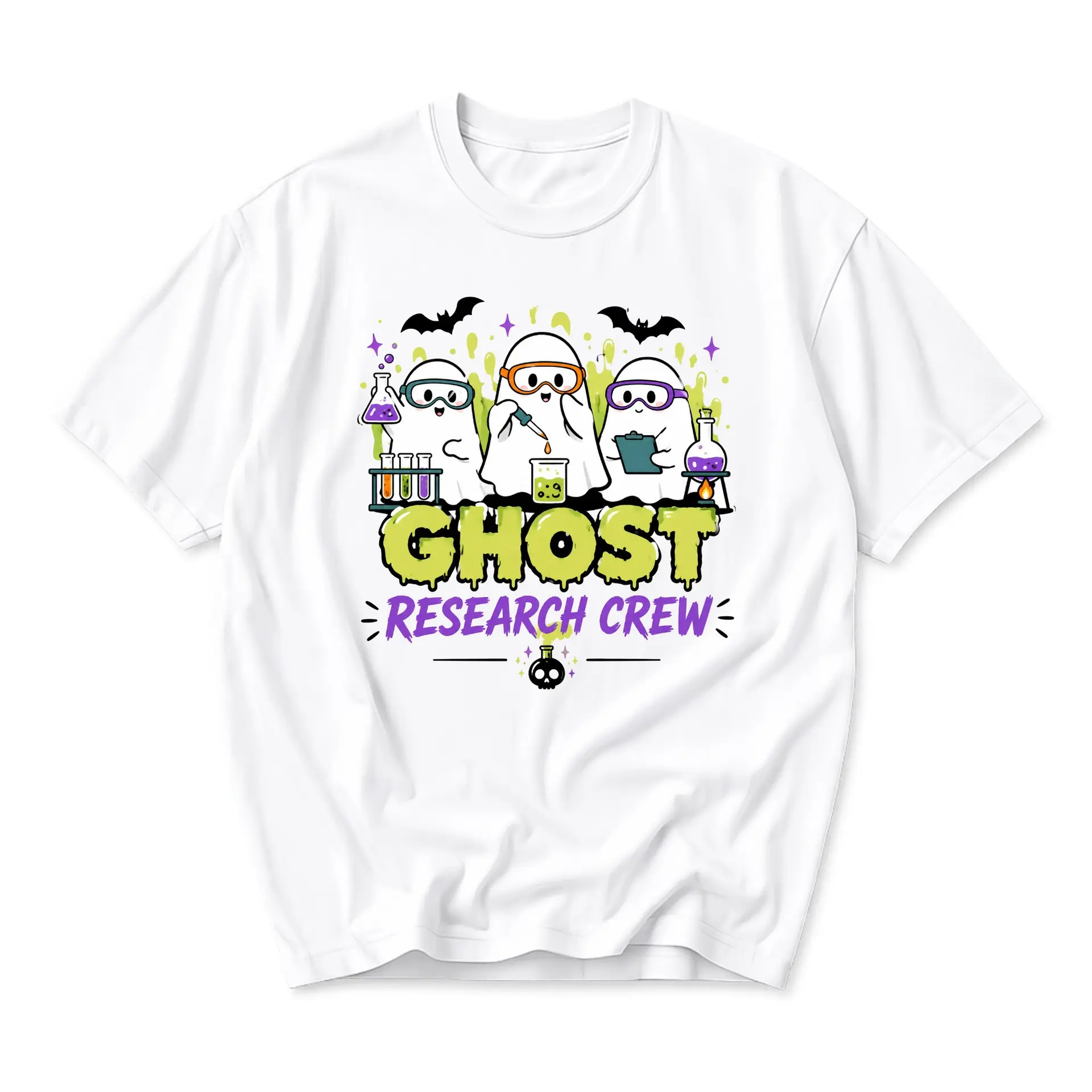 Graphic Tee Ghost Research Crew Shirt Cute Spooky Science Apparel for Unisex Casual Wear and Everyday Style Enthusiasts