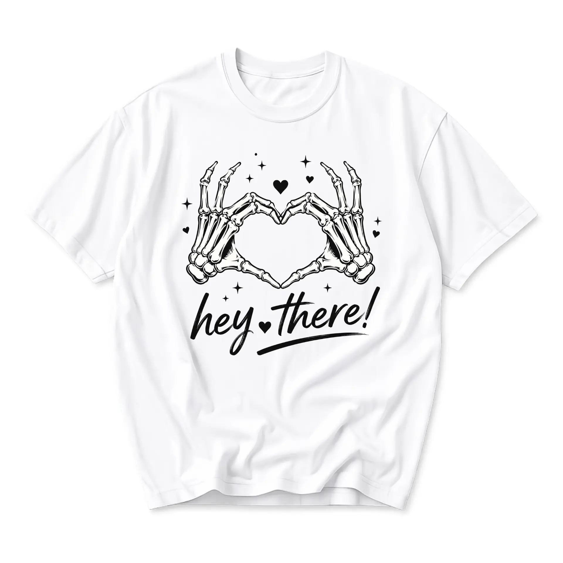 Graphic Tee Hey There Skeleton Hands Heart Design Unisex Casual Short Sleeve Crew Neck Cotton Blend Apparel