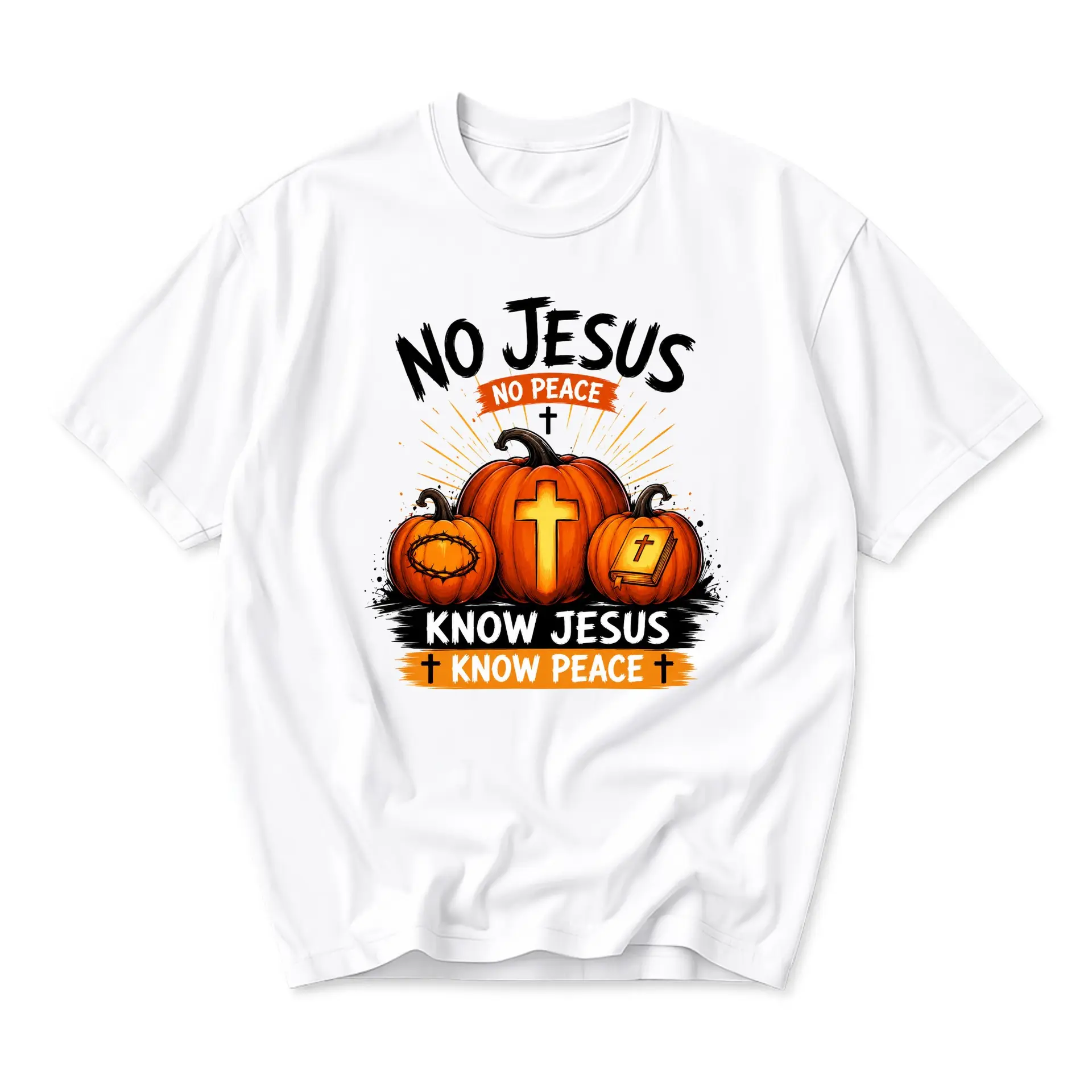 Funny Shirt No Jesus No Peace Know Jesus Know Peace Graphic Tee Autumn Pumpkin Religious Inspirational Christian Gift