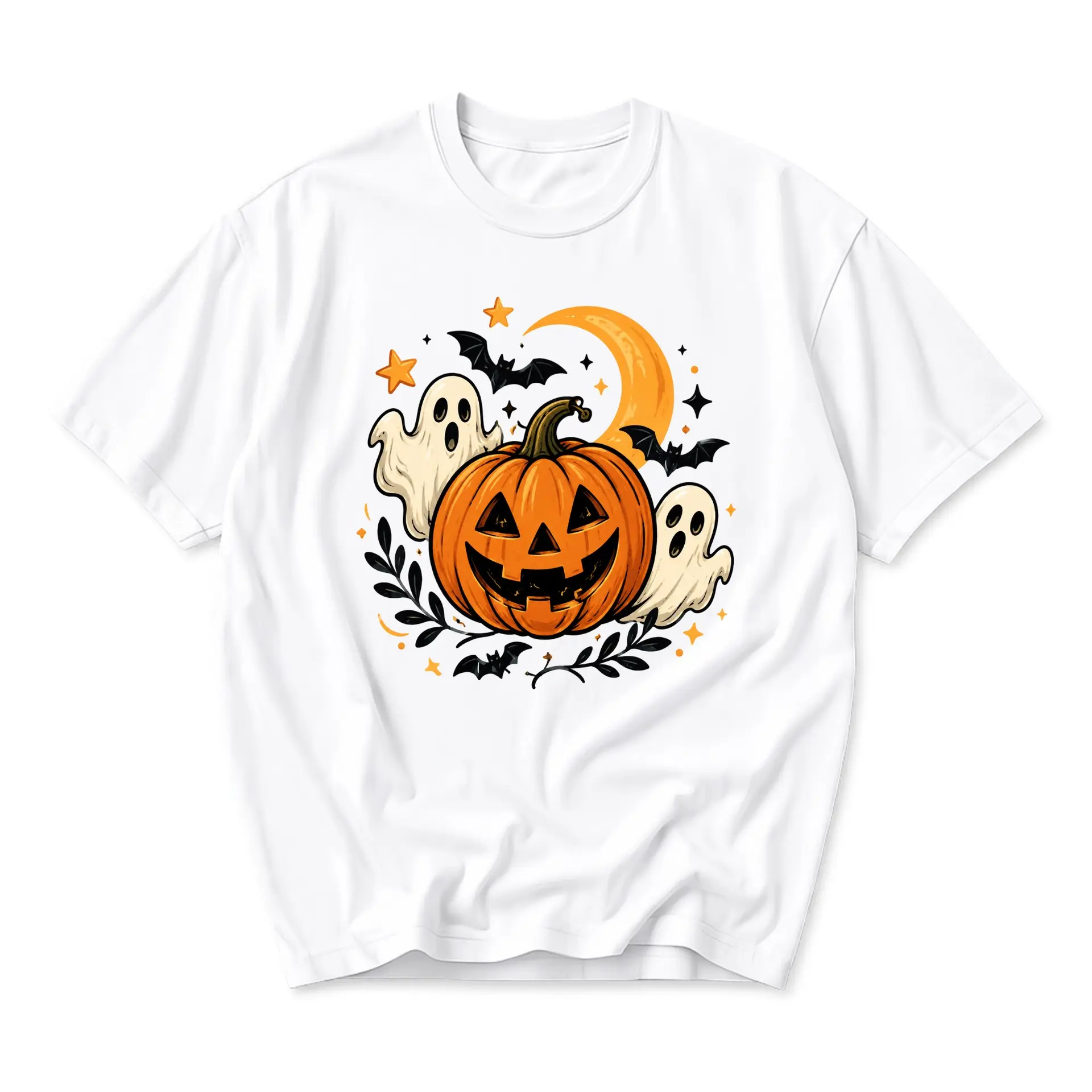 Graphic Tee Halloween Pumpkin Ghost Bat Illustration Unisex Crew Neck Short Sleeve Casual Cotton Blend T-Shirt Top