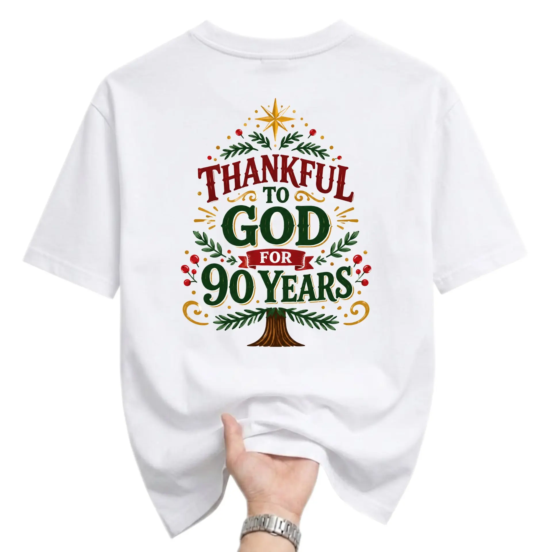 Graphic Tee Thankful to God for 90 Years Unisex Crew Neck Shirt Birthday Celebration or Anniversary Event