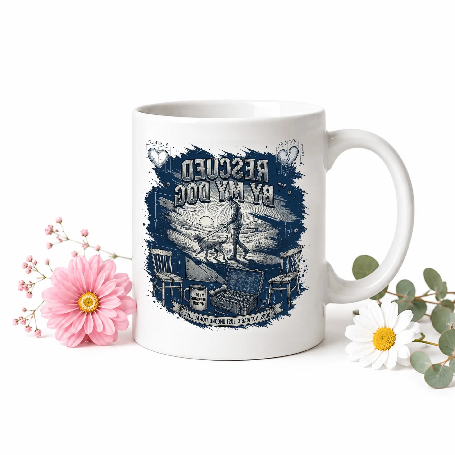 Heartfelt Rescued by My Dog Ceramic Mug with Blue Accent Handle and Detailed Illustration for Lovers Coffee
