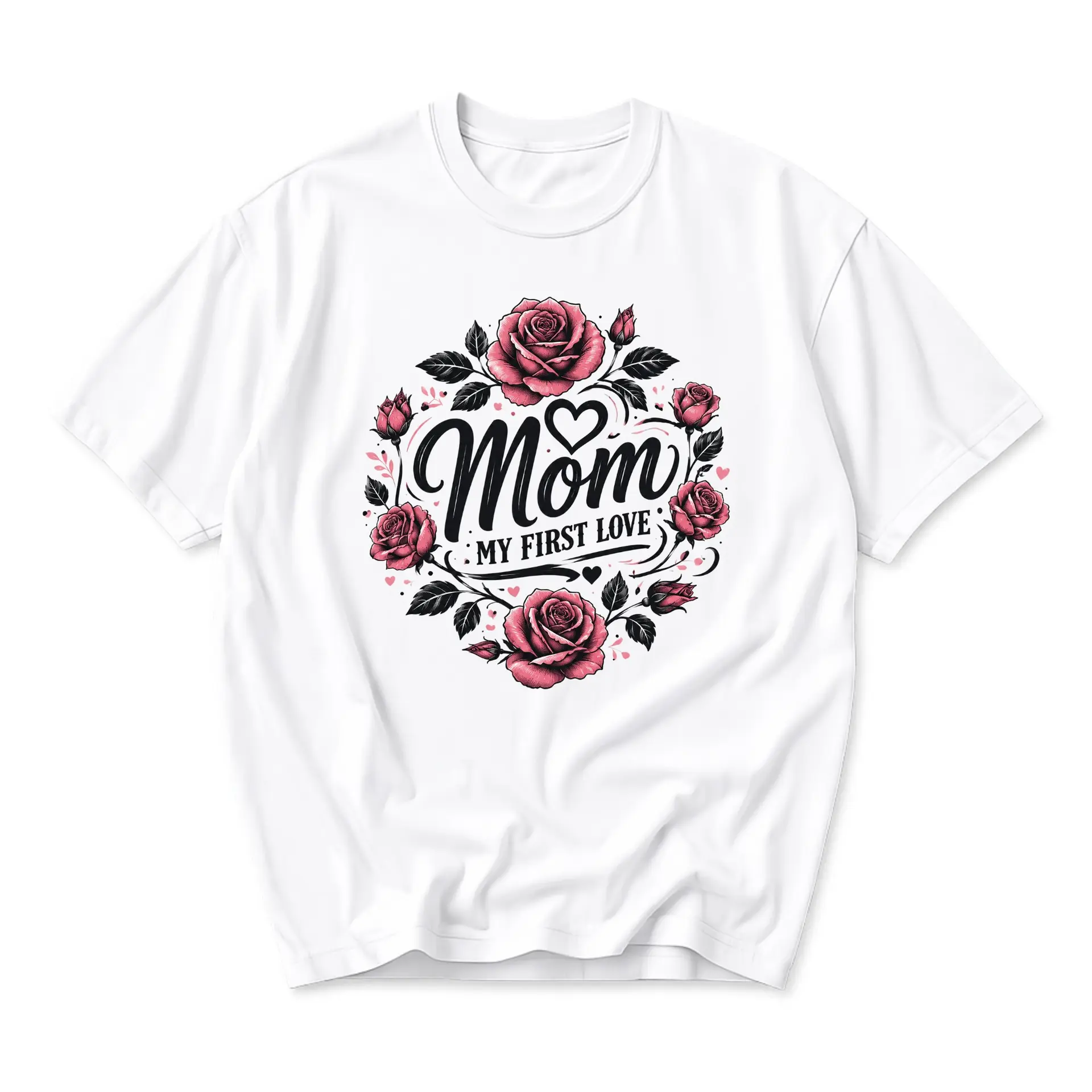 Graphic Tee Mom My First Love Floral Heart Print Unisex Crew Neck Shirt for Casual Everyday Wear and Gift Giving