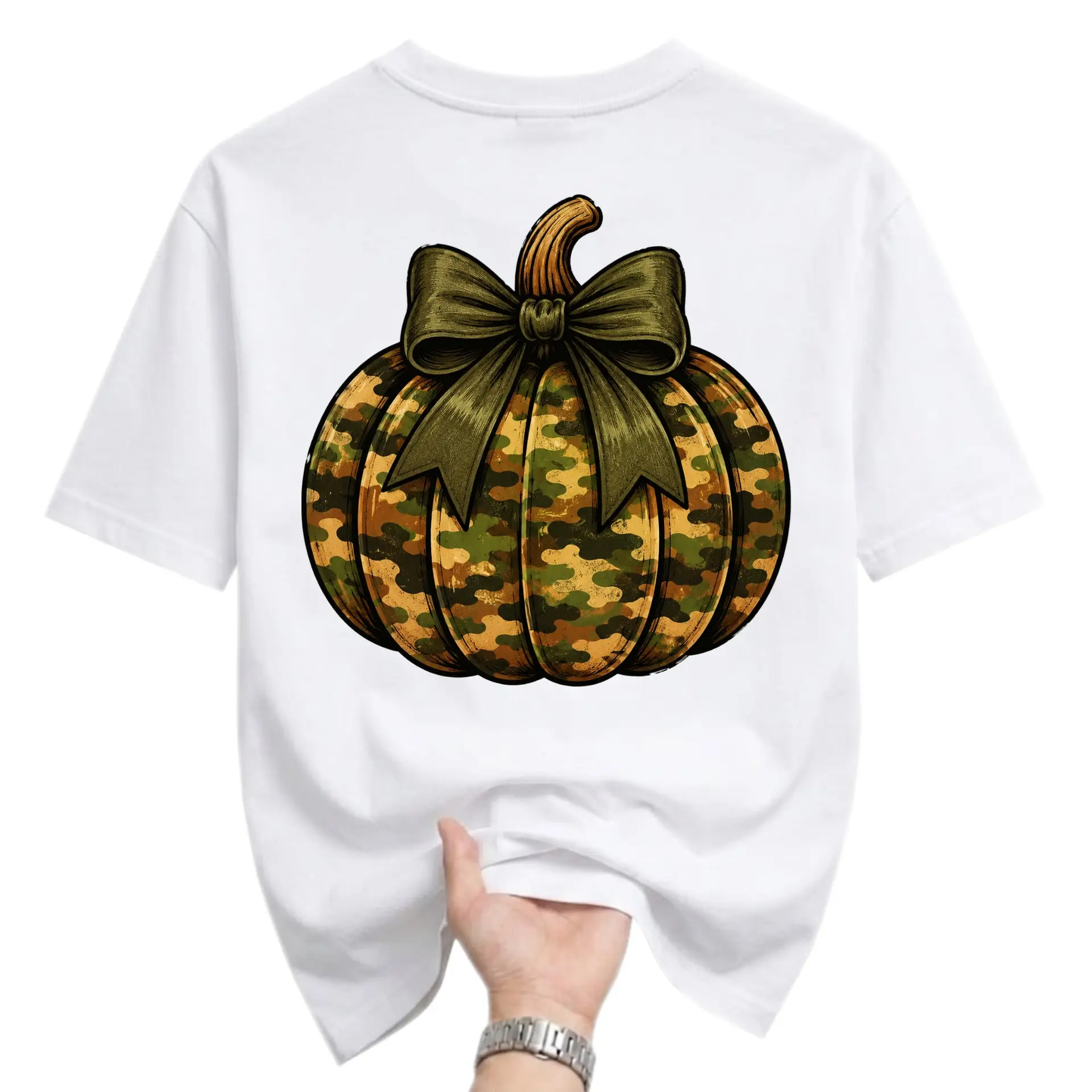Graphic Tee Unisex Crew Neck T-Shirt Featuring a Camouflage Pumpkin with a Decorative Bow Seasonal Fall Autumn Apparel