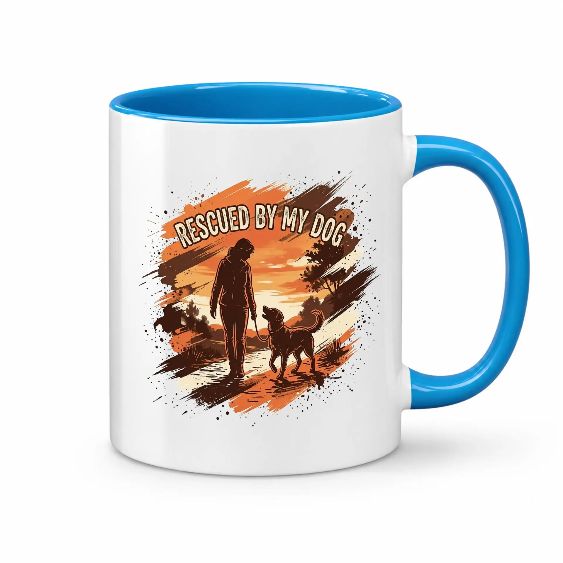 Rescued by My Dog Ceramic Coffee Mug with Vibrant Blue Handle and Rim Stylish Pet Lover Drinkware Gift for Home Office