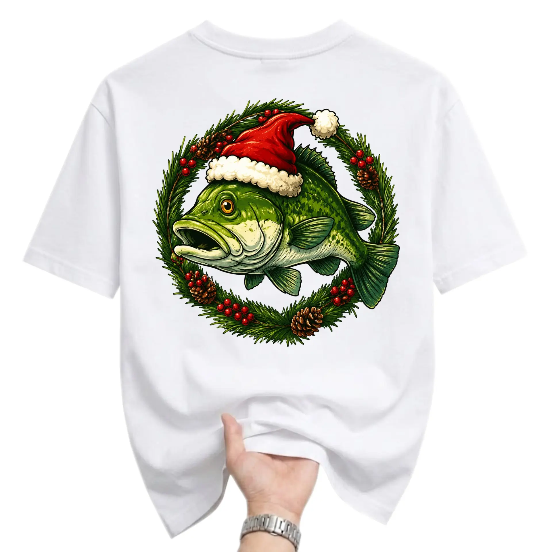 Graphic Tee Fish Wearing a Santa Hat in a Christmas Wreath Unisex Casual Short Sleeve Cotton Crew Neck Shirt
