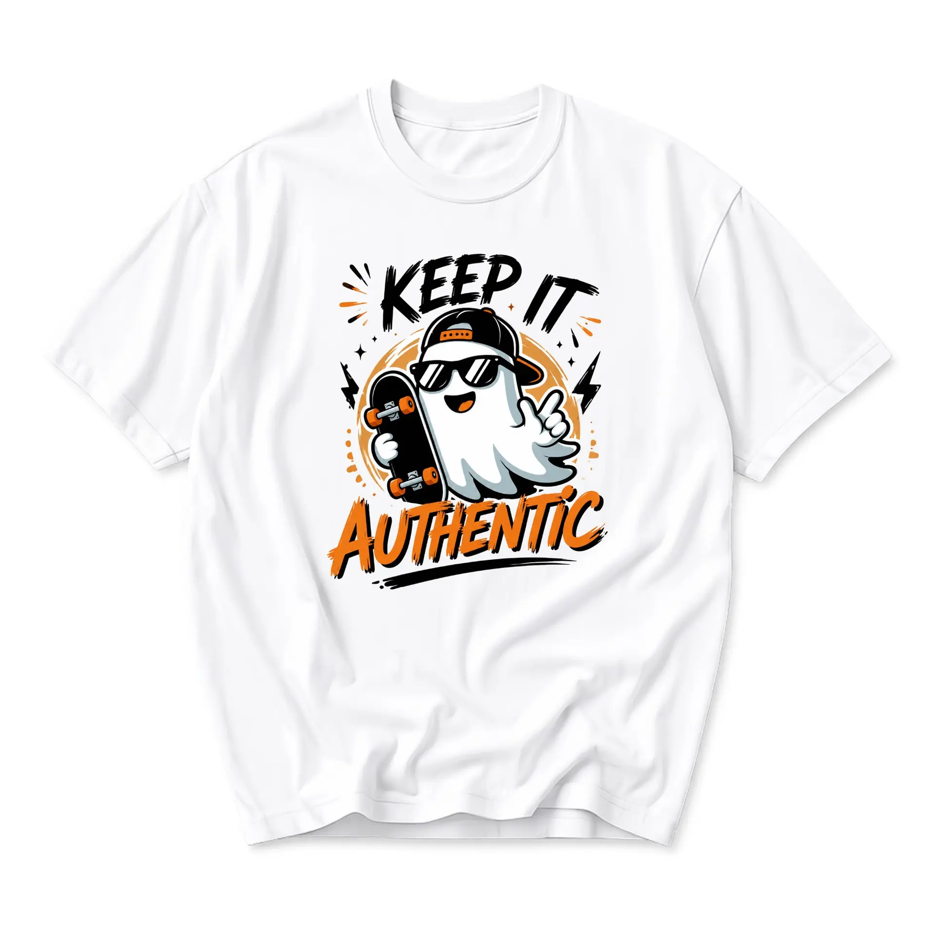 Graphic Tee Keep It Authentic Skater Ghost Design Unisex Crew Neck Soft Cotton Blend Casual Everyday Short Sleeve