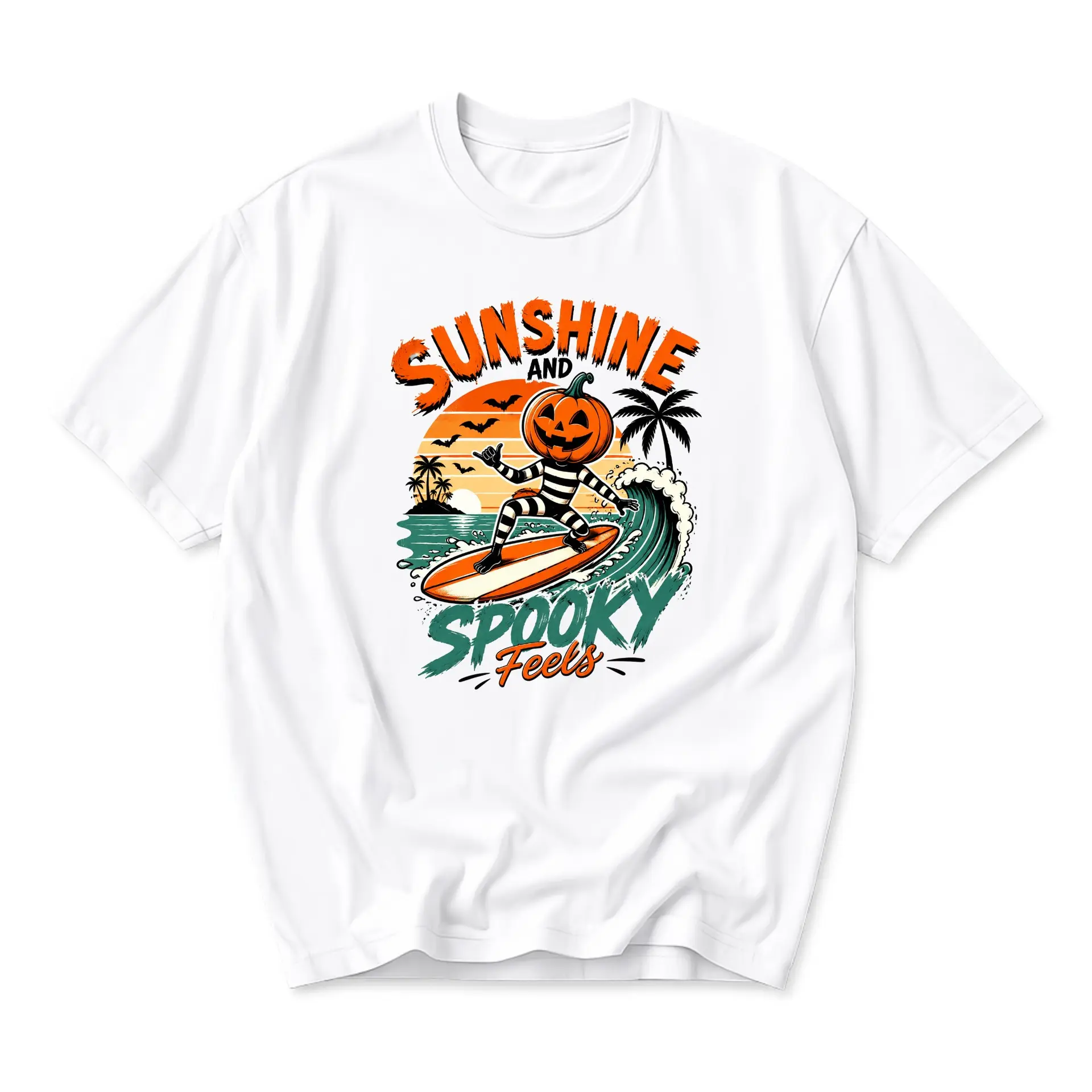 Graphic Tee Sunshine and Spooky Feels Pumpkin Surfer Print Unisex Crew Neck Casual Cotton Blend Summer Fall T-Shirt