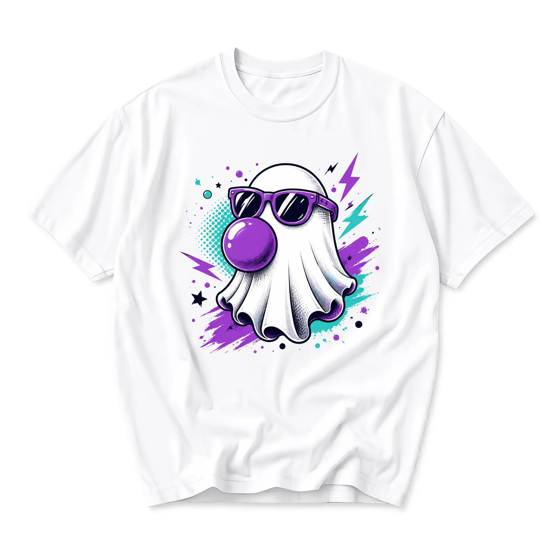 Graphic Tee Unisex Crew Neck T-Shirt Featuring a Cool Ghost Character Wearing Sunglasses and Chewing Purple Bubblegum