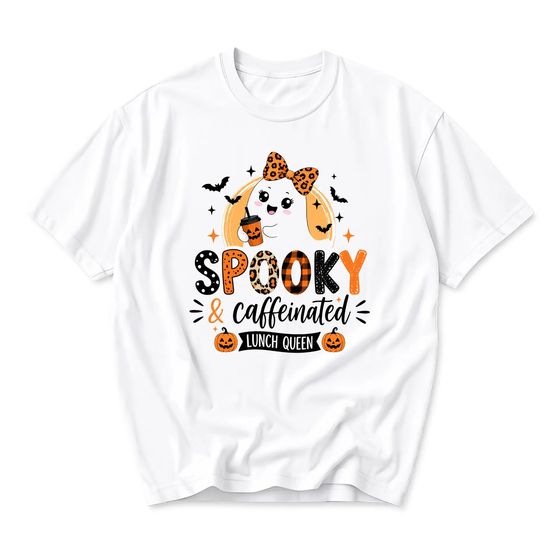 Funny Shirt Spooky and Caffeinated Lunch Queen Graphic Tee Cute Ghost Fall Halloween Unisex Crewneck Cotton Top