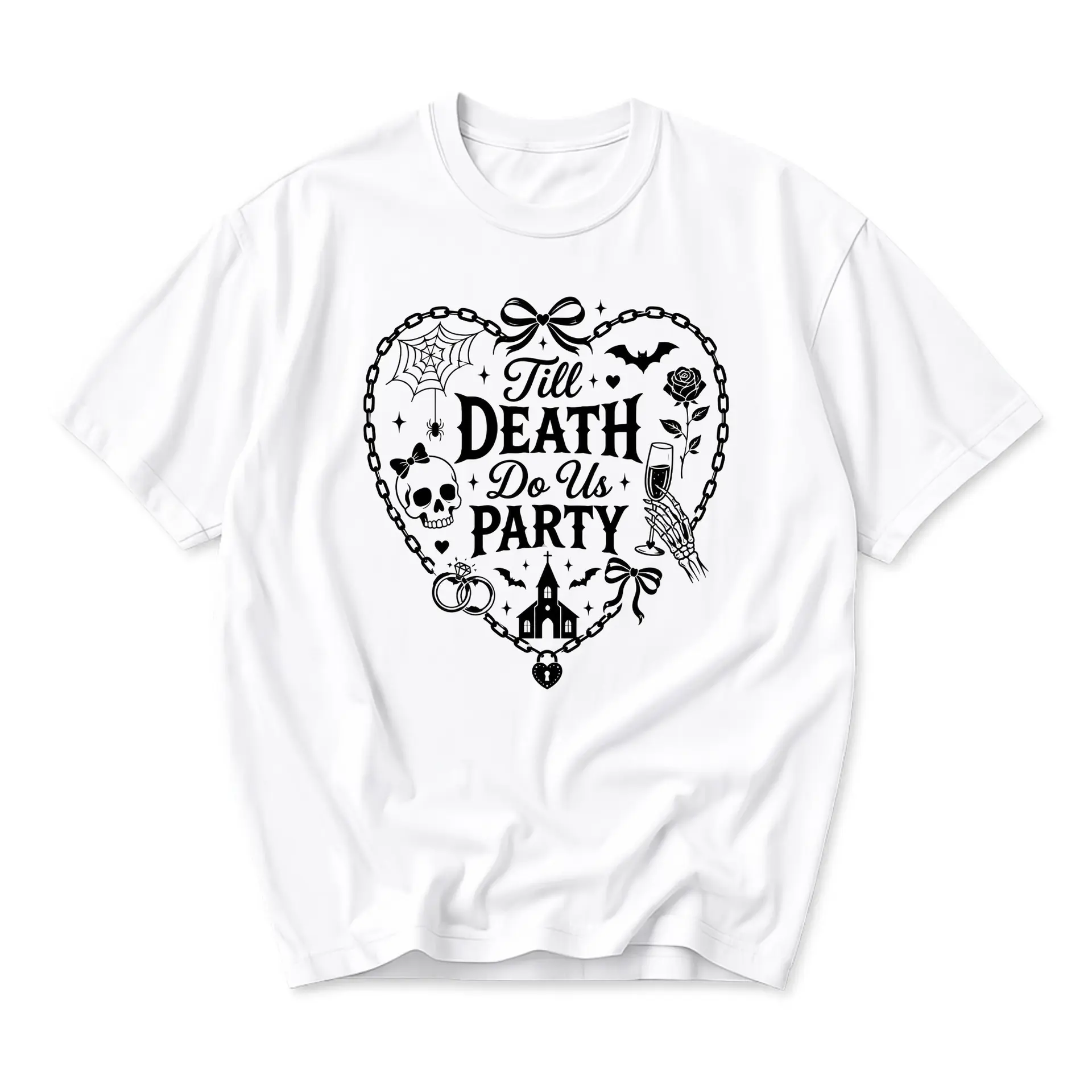 Funny Shirt Till Death Do Us Party Graphic Tee Unisex Casual Crew Neck Top Gothic Inspired Print Cotton Blend