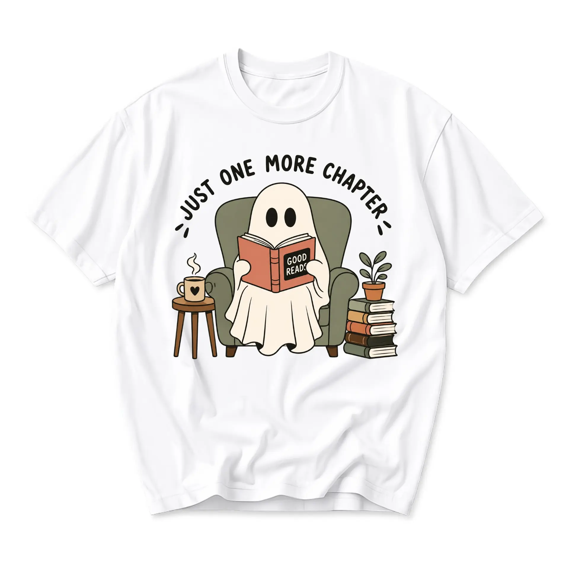 Funny Shirt Just One More Chapter Ghost Reading Book Unisex Graphic Printed T-Shirt Casual Everyday Apparel Gift Idea