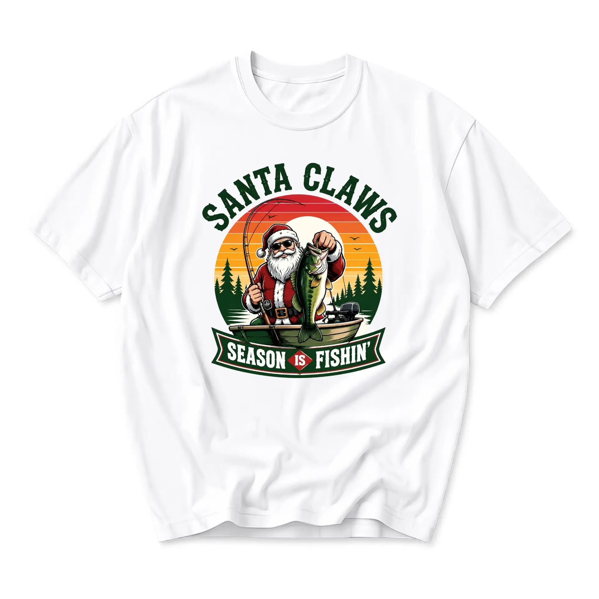 Funny Shirt Santa Claws Season Is Fishin Graphic Tee Holiday Fishing Humorous Casual Short Sleeve Crewneck T-Shirt