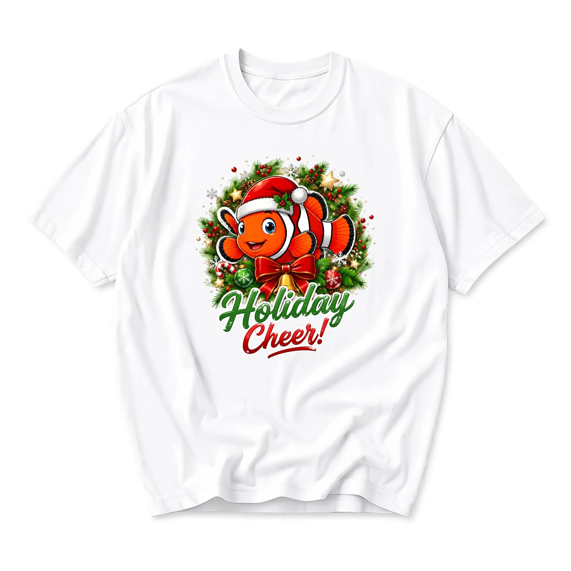 T-shirt Holiday Cheer Clownfish Graphic Tee Seasonal Festive Illustration Crew Neck Comfortable Casual Apparel