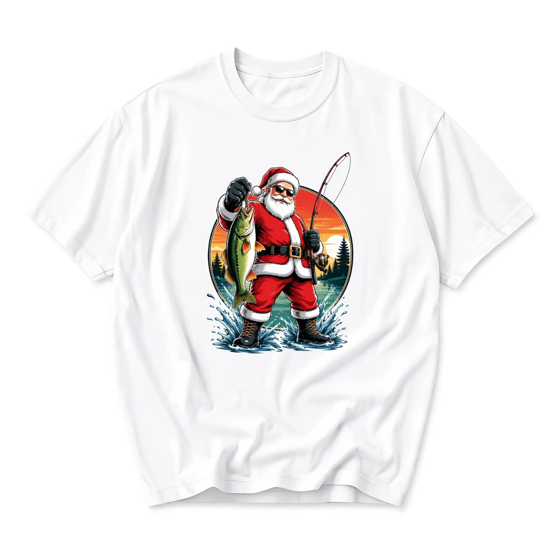 Funny Shirt Fishing Santa Graphic Tee Holiday Fisherman Gift Unisex Casual Crew Neck Comfortable Cotton Blend Top