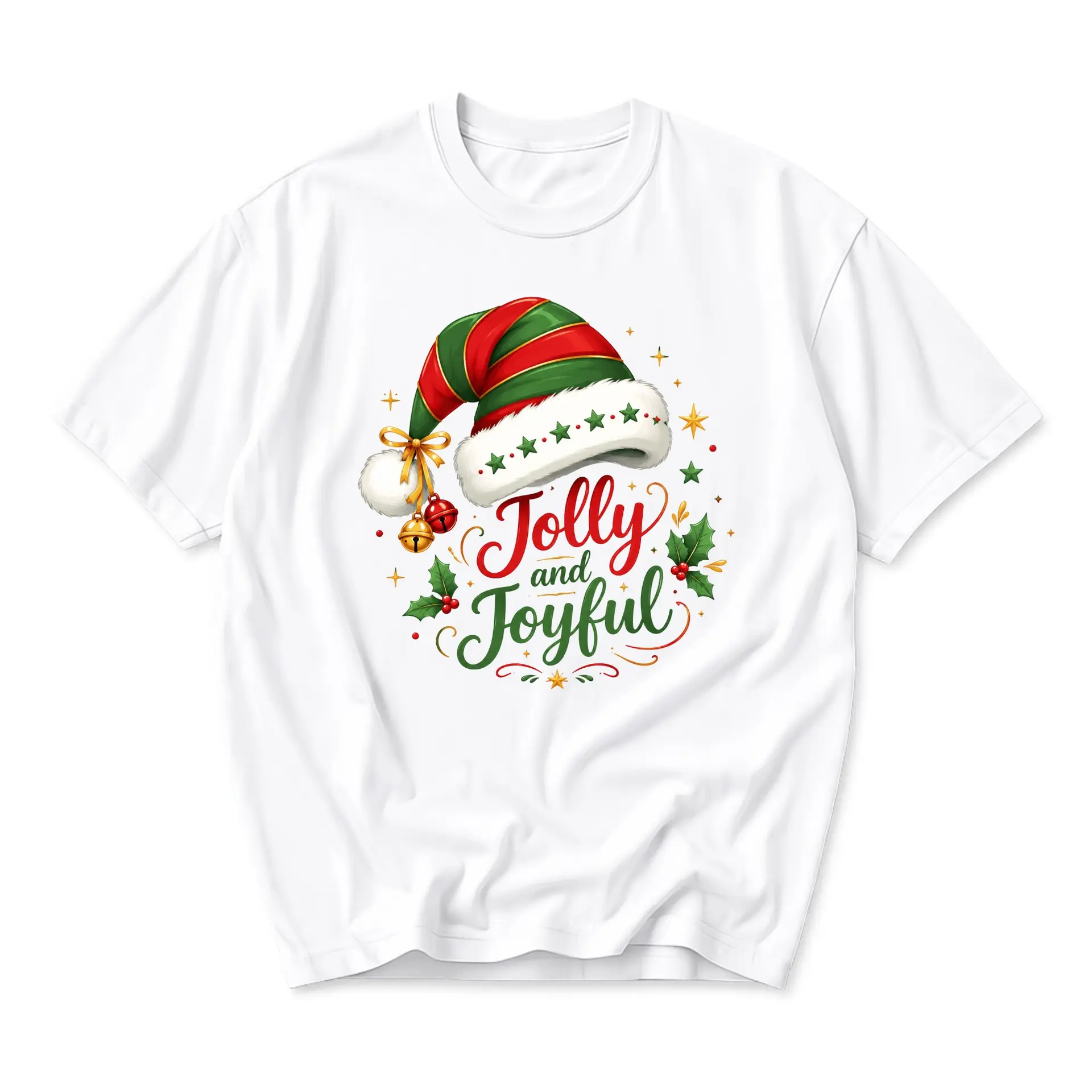 Graphic Tee Jolly and Joyful Christmas Holiday Shirt Seasonal Unisex Crew Neck Casual Cotton Blend Apparel White
