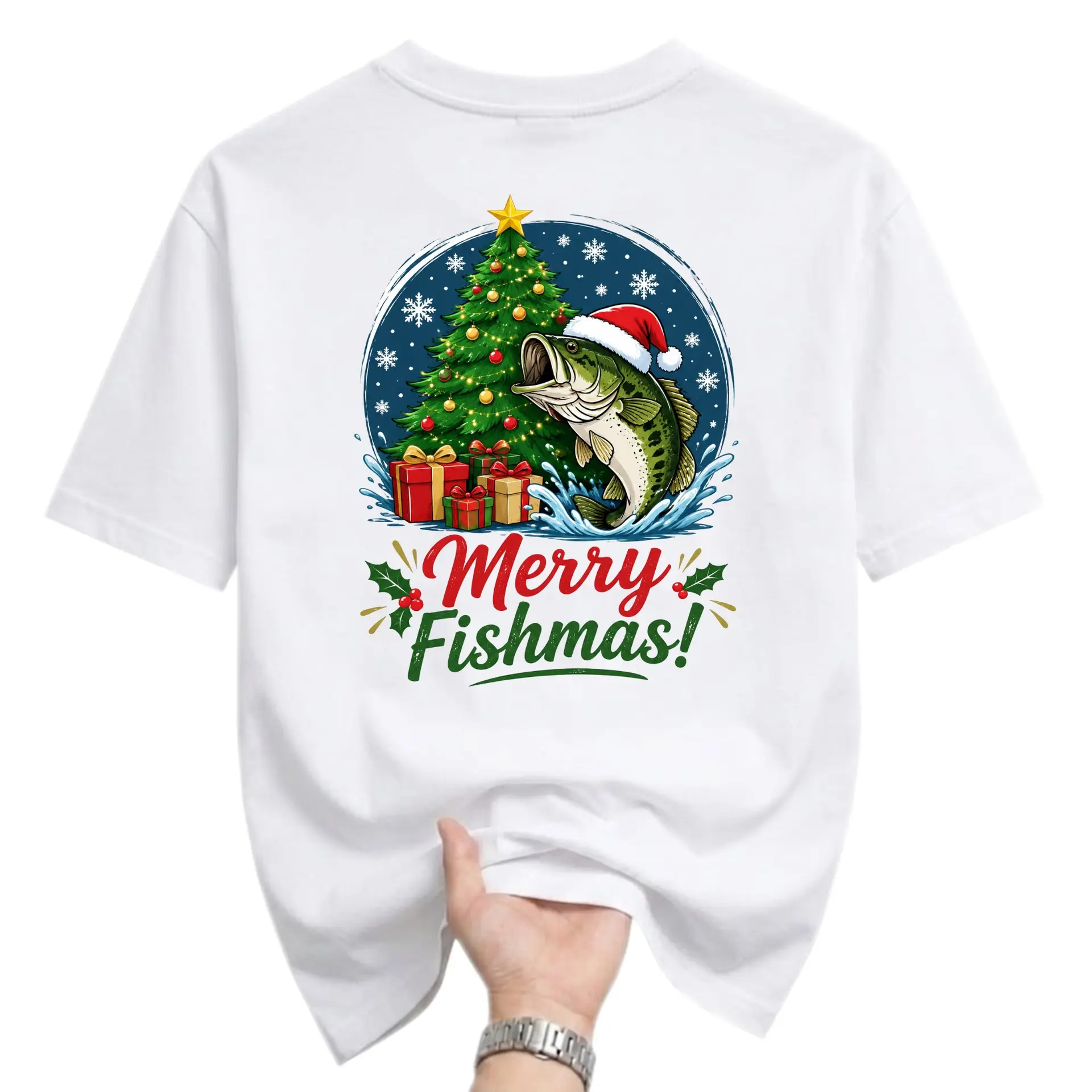 Funny Shirt Merry Fishmas Fishing Christmas Graphic Tee Holiday Unisex Casual Crew Neck Soft Cotton Apparel