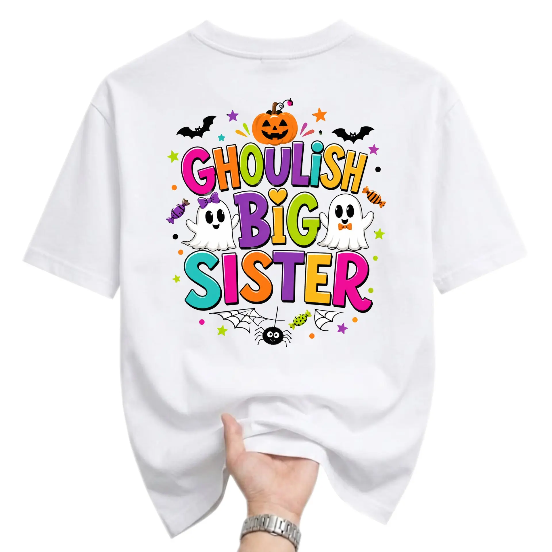 Funny Shirt Ghoulish Big Sister Halloween Graphic Tee Casual Unisex Crew Neck Top for Fall Season Holiday Wear