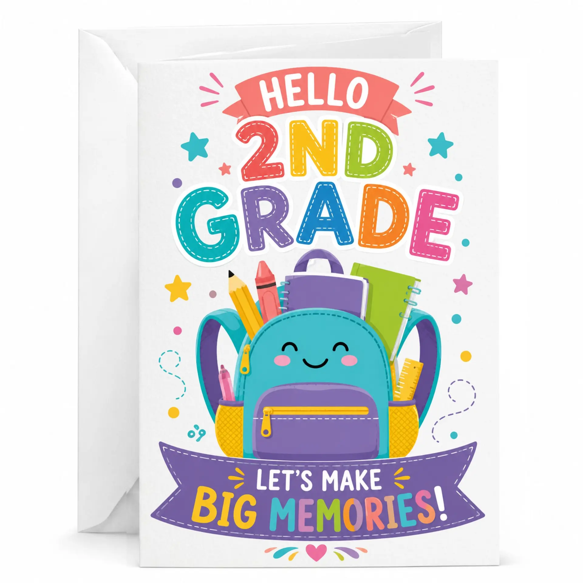 Greeting Card Hello 2nd Let's Make Big Funny Cartoon Design for School Year